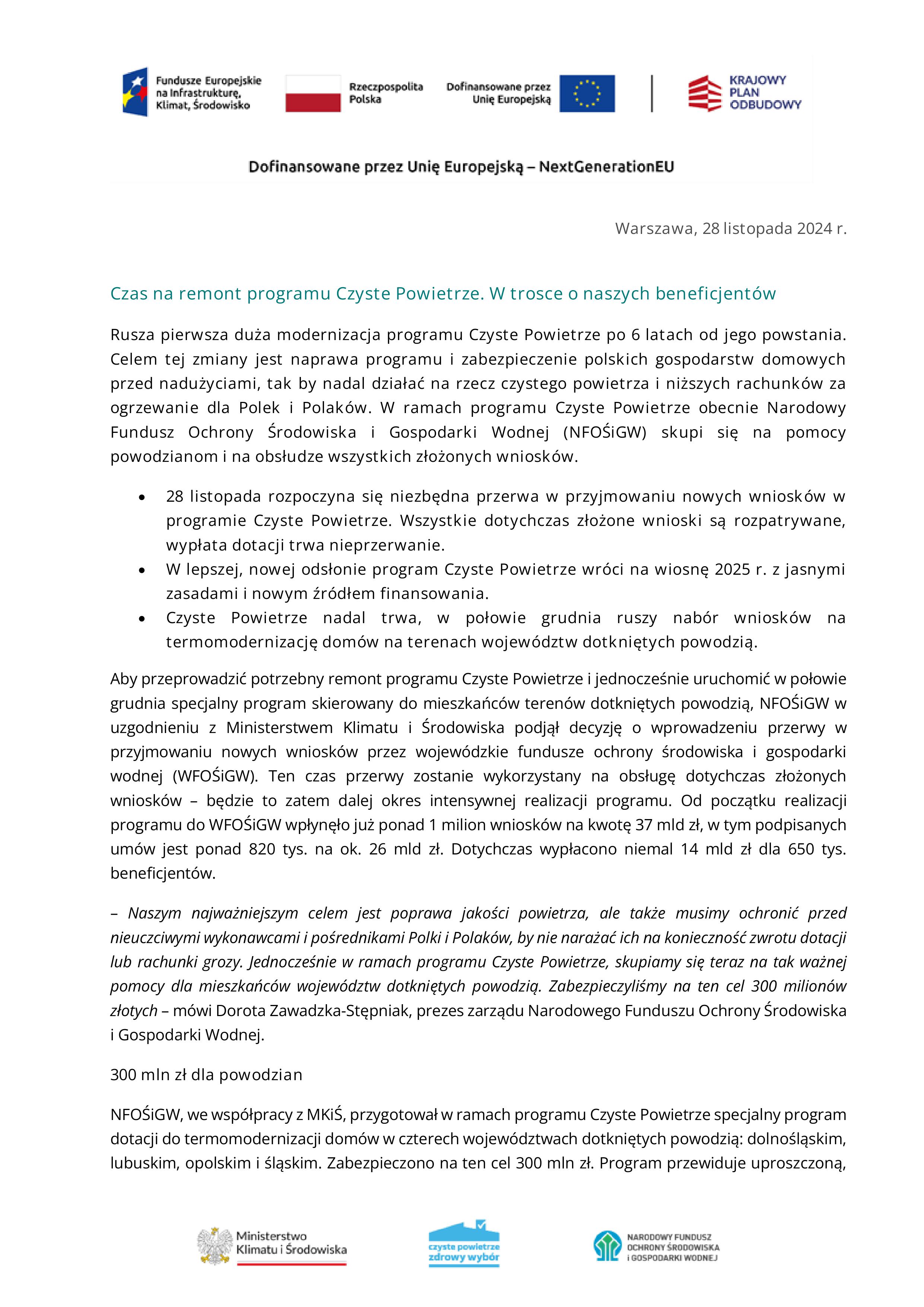 Komunikat NFOŚiGW Nowe Czyste Powietrze 28.11.2024 obrazy 0
