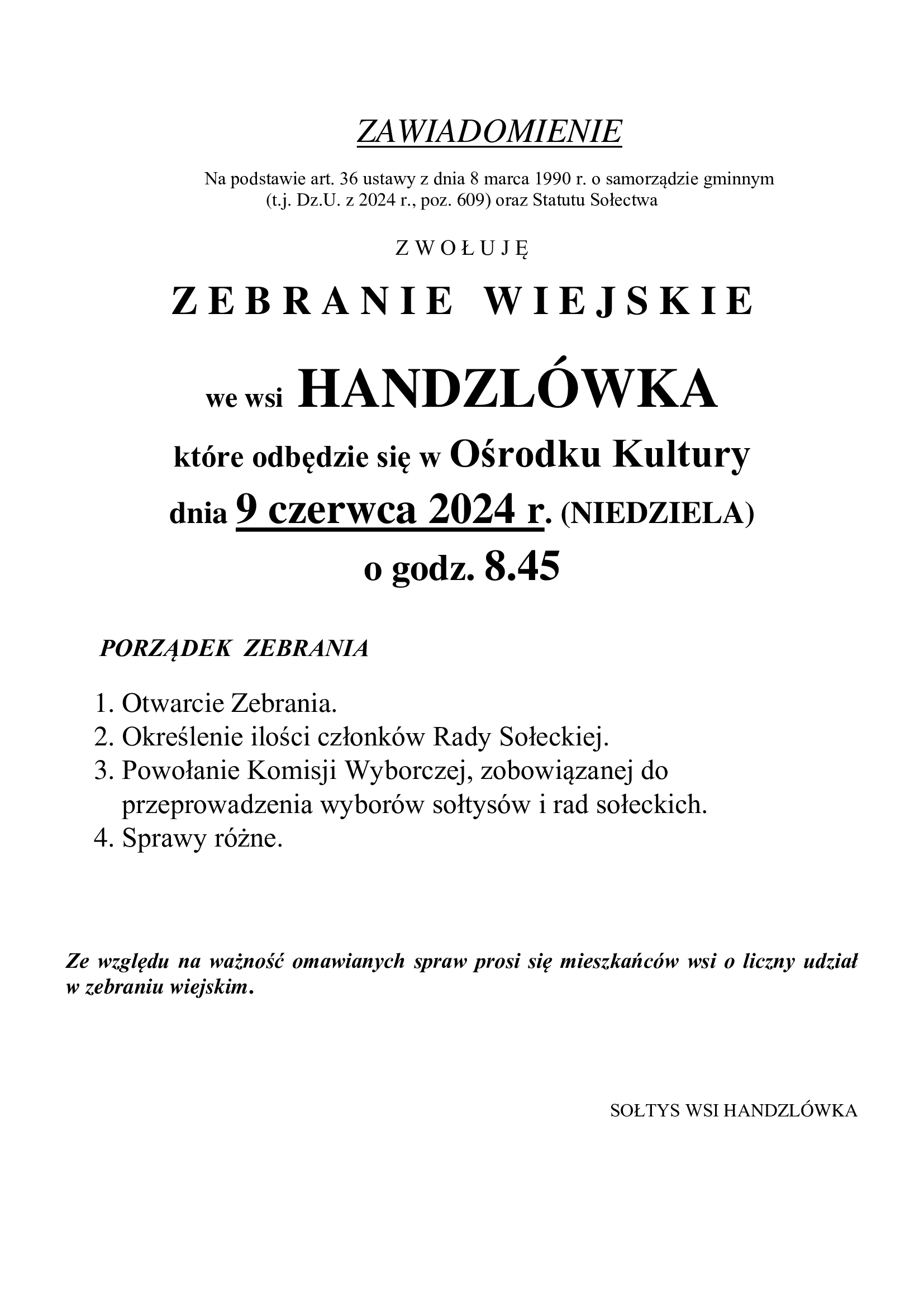 Zebranie wiejskie Handzlówka