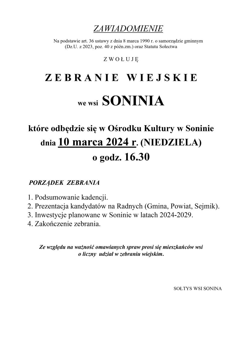 Zebranie Wiejskie Sonina 2024