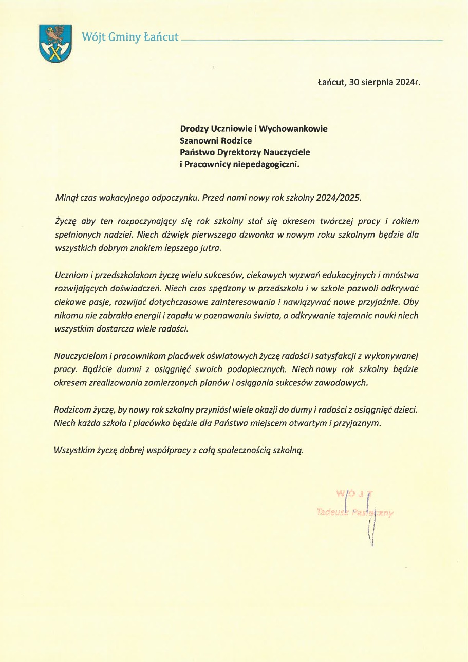 list od wójta na nowy rok szkolny