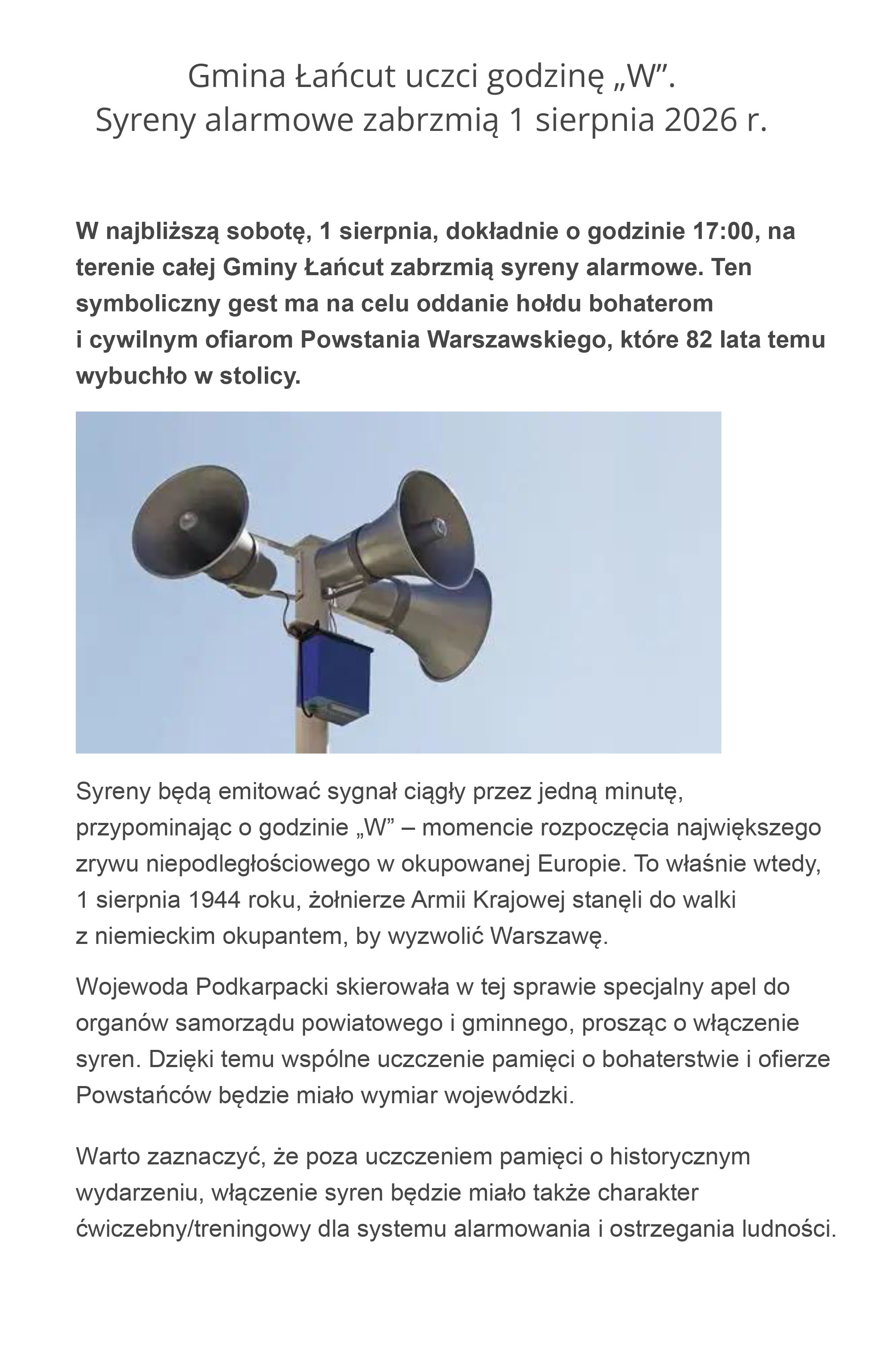Gmina Łańcut uczci godzinę W 30072026